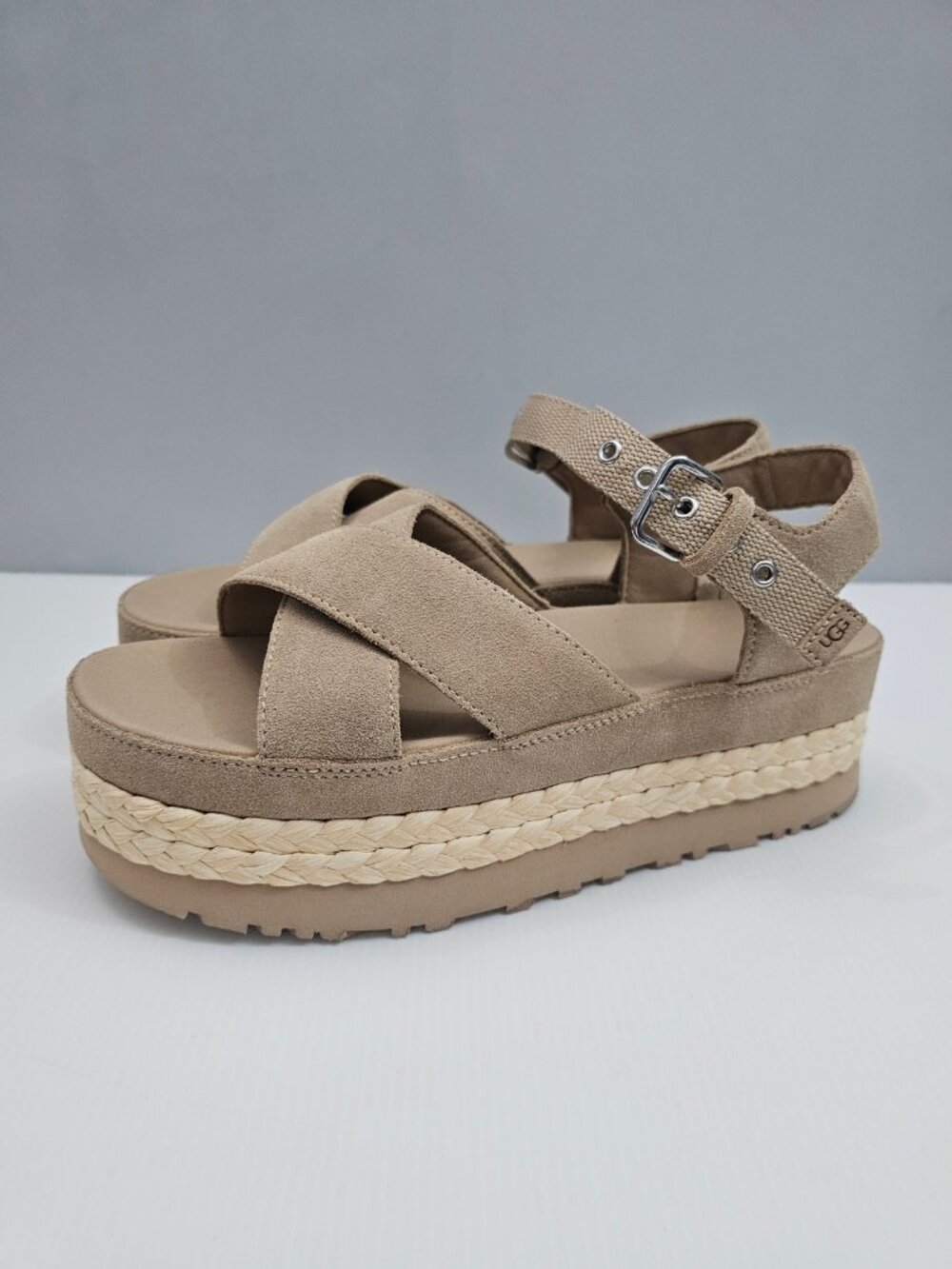 UGG Aubrey Platform Sandals Womens 11 Beige Sand Suede Raffia Ankle Strap NEW